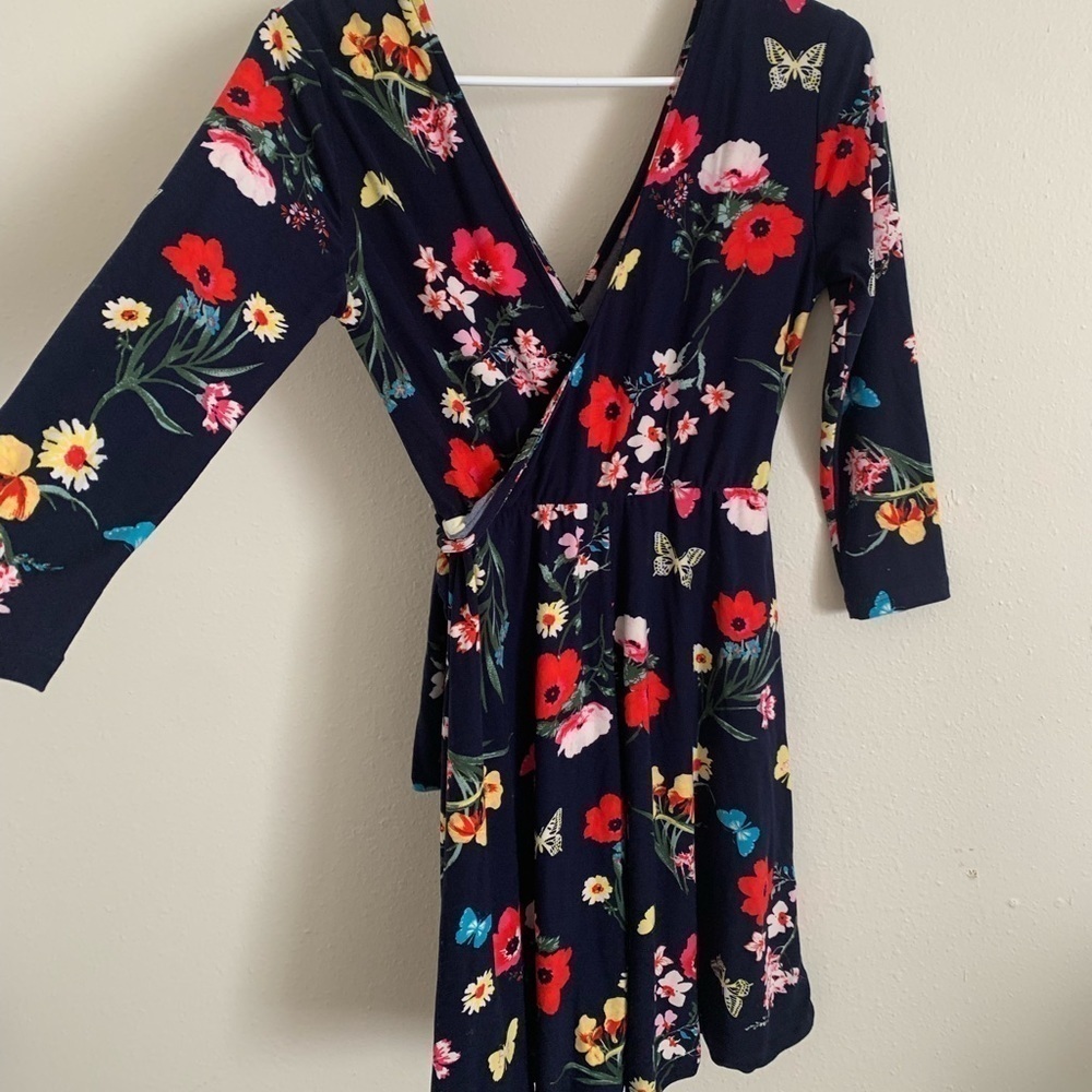 Navy Three Quarter Sleeve Wrap Dress Multi-Color